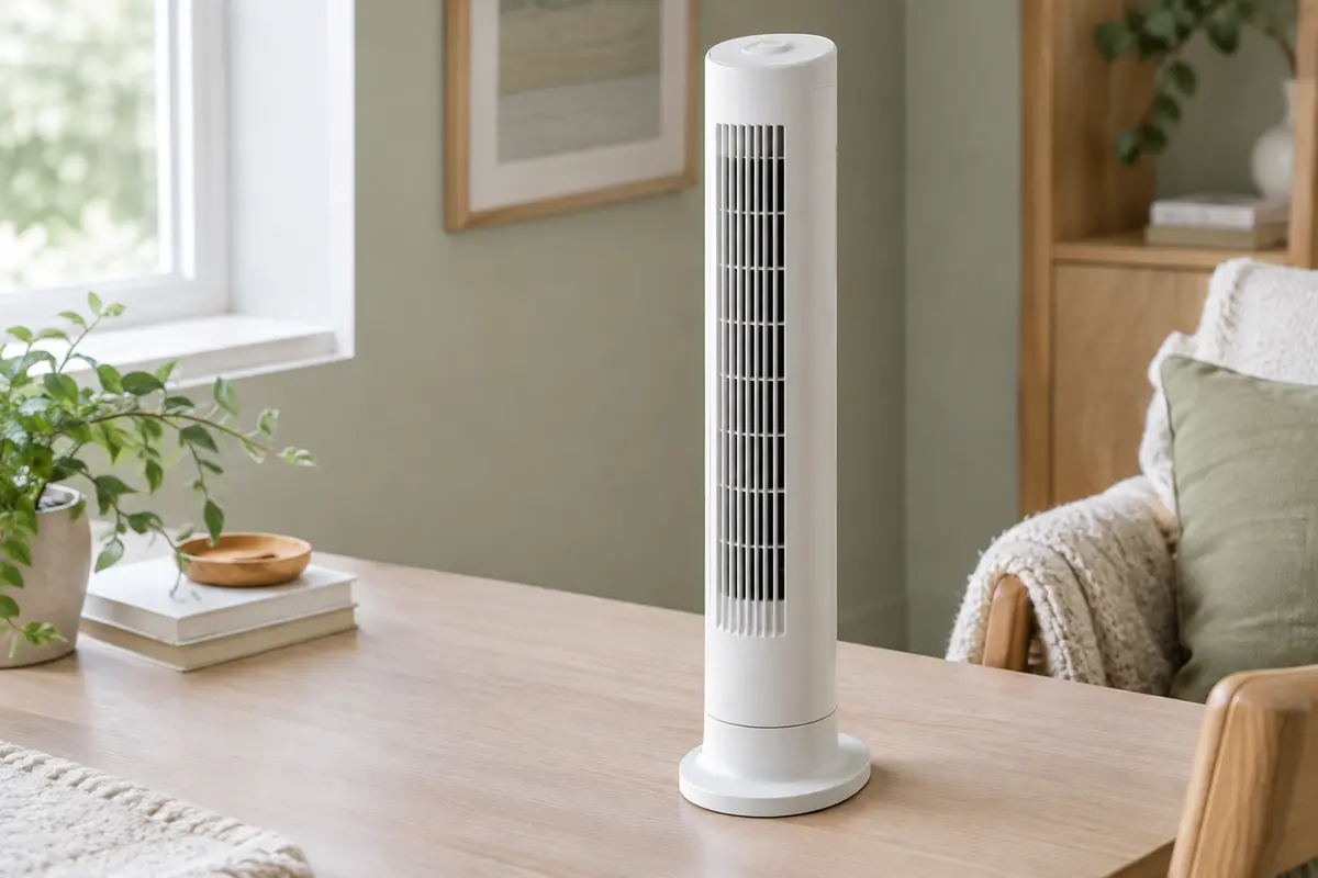 Ventilateur colonne Levoit blanc et compact posé sur un bureau clair dans un intérieur lumineux