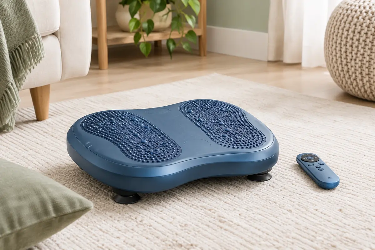 Masseur de pieds électrique bleu avec plaques texturées et télécommande dans un intérieur clair