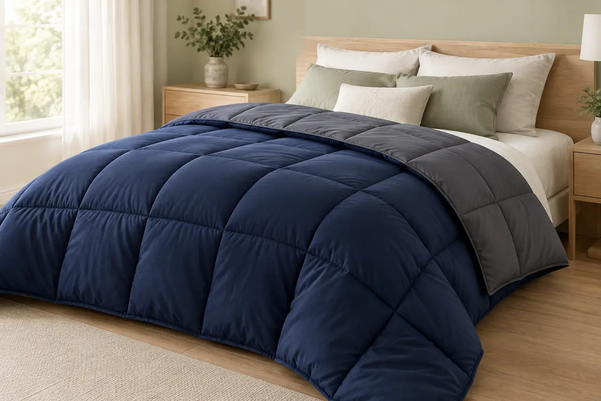 Couette réversible Linenspa bleu marine et gris graphite posée sur un lit clair