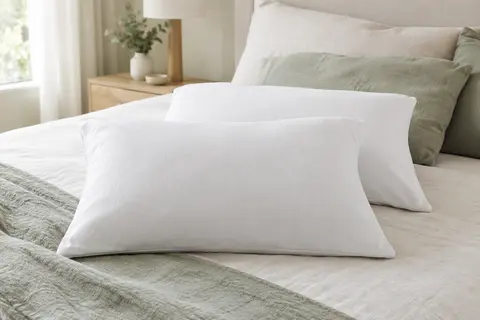 Deux oreillers blancs rectangulaires de 40 x 60 cm posés sur un lit clair dans une chambre lumineuse.