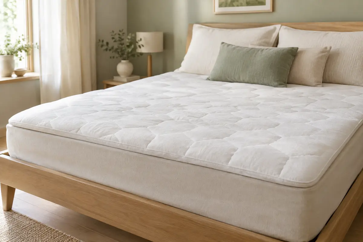 Surmatelas blanc Linenspa à mémoire de forme posé sur un lit clair dans une chambre épurée.