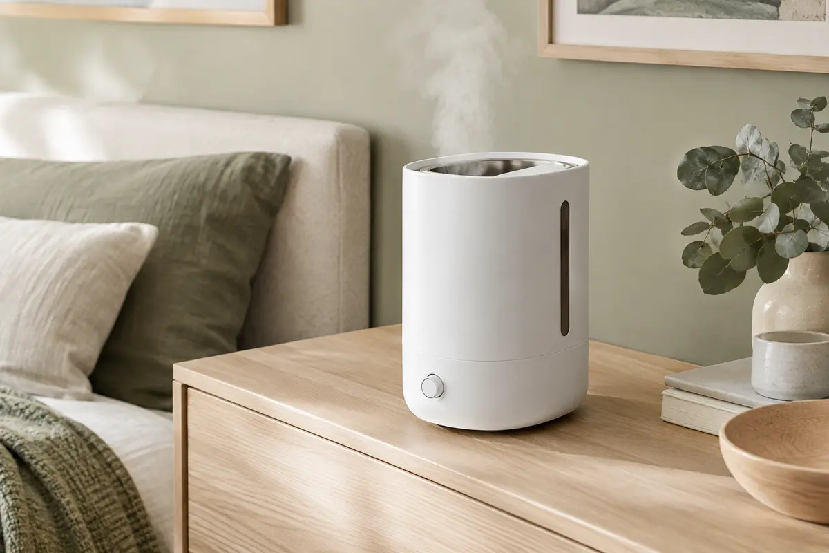 Humidificateur Livatro blanc à réservoir inox posé sur une console en bois clair dans une chambre lumineuse.