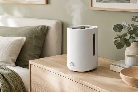 Humidificateur blanc à vapeur chaude posé sur une console en bois clair dans une chambre lumineuse
