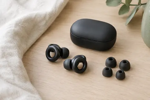 Bouchons d’oreilles noirs Loop Experience 2 avec embouts en silicone et étui de voyage sur une surface claire