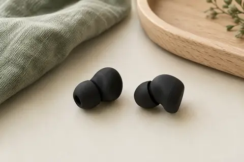 Paire de bouchons d’oreilles Loop Quiet 2 noirs en silicone présentée dans un intérieur lumineux et épuré.