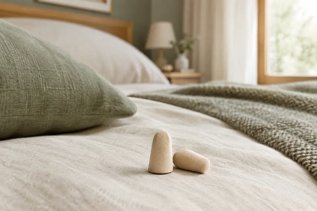 Paire de bouchons d’oreilles coniques en mousse beige posée sur un linge ivoire dans une chambre lumineuse.