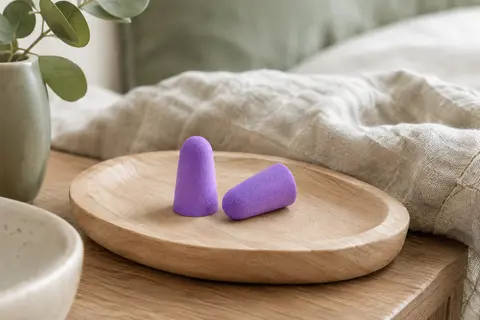 Paire de bouchons d’oreilles coniques en mousse violette posée sur un plateau en bois clair