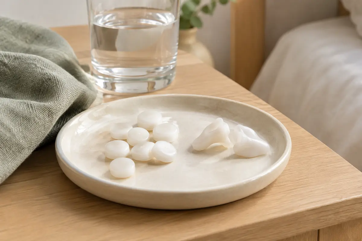 Bouchons d’oreilles blancs en silicone malléable présentés sur un plateau ivoire dans une chambre lumineuse