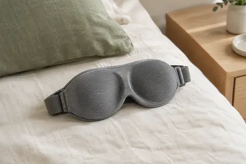 Masque de sommeil gris à coques oculaires réglables posé sur une literie ivoire en lin