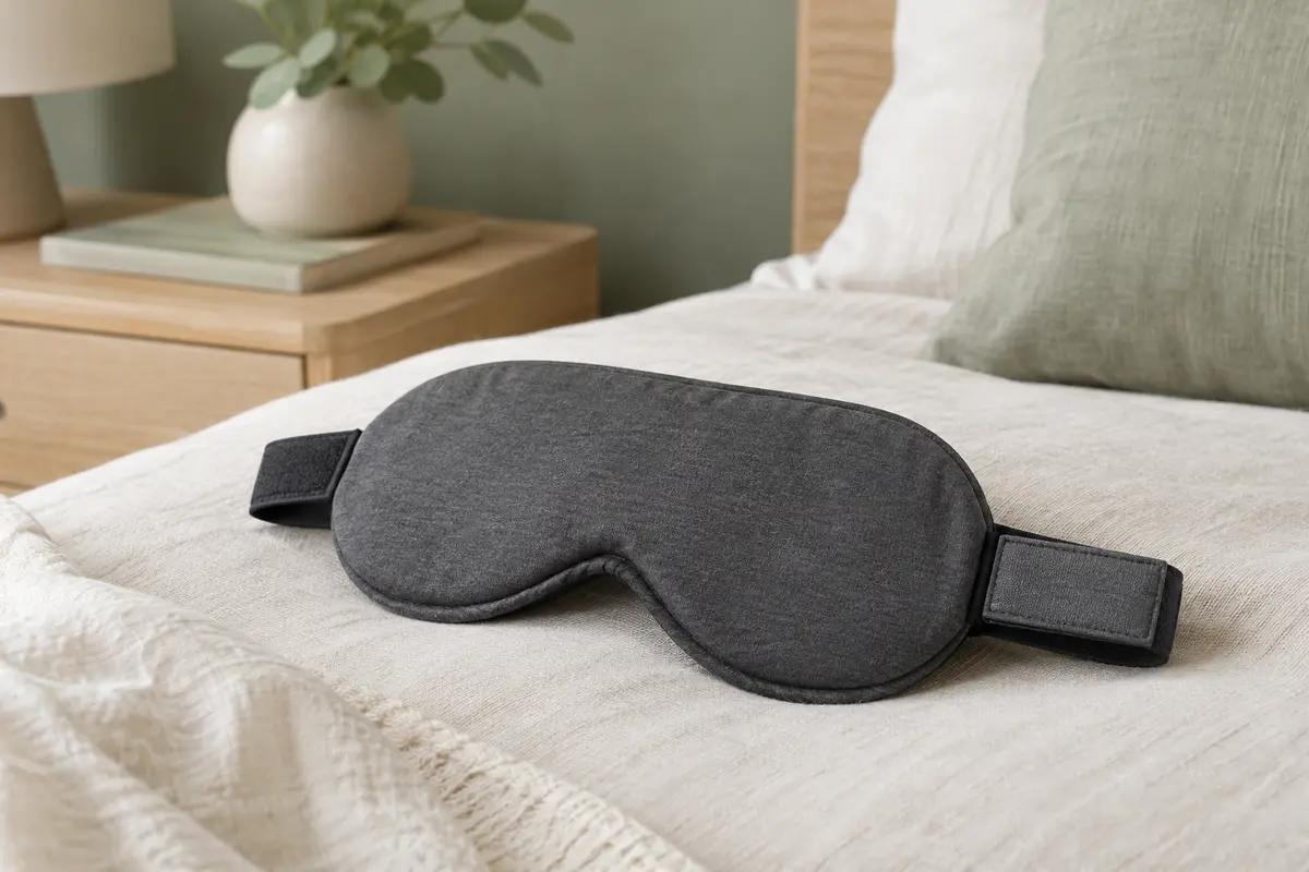 Masque de sommeil Mavogel gris foncé en modal, posé sur du linge ivoire dans une chambre lumineuse