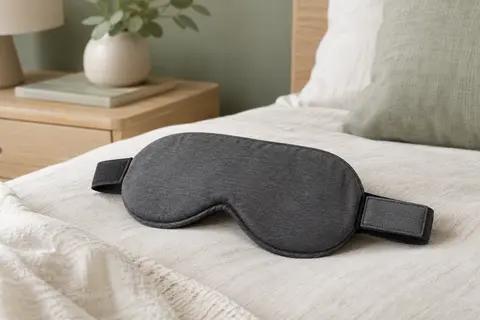 Masque de sommeil Mavogel gris foncé en modal, posé sur du linge ivoire dans une chambre lumineuse