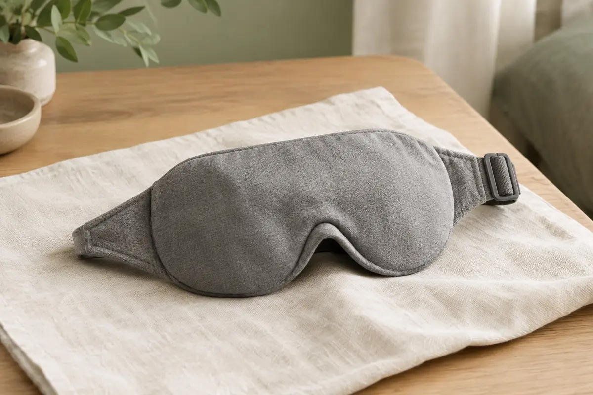Masque de sommeil gris en coton avec fermeture à boucle, posé sur un linge ivoire dans un intérieur lumineux.