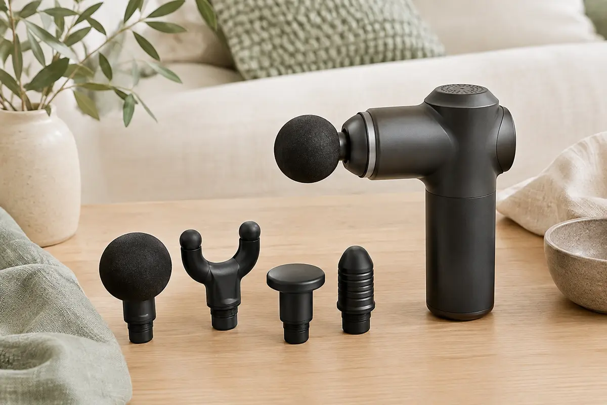 Pistolet de massage noir avec têtes interchangeables posé dans un intérieur lumineux aux tons sauge et bois clair