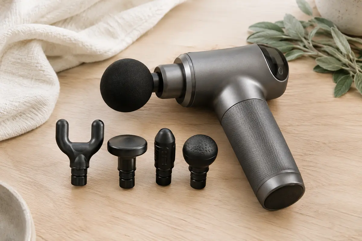 Pistolet de massage Mebak gris fer avec quatre têtes interchangeables sur une surface en bois clair.