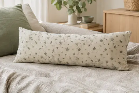 Coussin allongé aux noyaux de cerise avec motif étoiles, posé sur un plaid clair dans un intérieur lumineux.