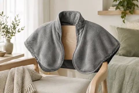 Cape chauffante grise Medisana pour les épaules, posée sur un fauteuil dans un intérieur lumineux.