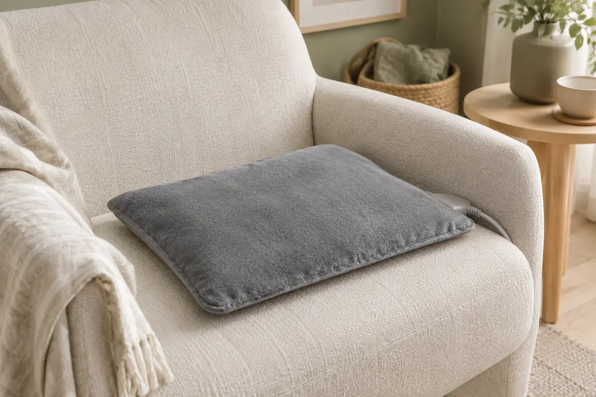 Coussin chauffant gris Medisana HP 650 XL posé à plat dans un intérieur clair aux tons naturels