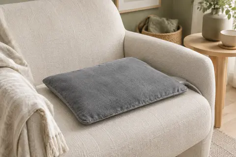 Coussin chauffant gris Medisana HP 650 XL posé à plat dans un intérieur clair aux tons naturels