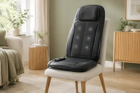 Siège de massage shiatsu noir à dossier haut, installé sur une chaise dans un intérieur lumineux