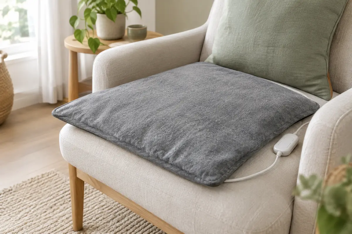 Coussin chauffant rectangulaire gris en flanelle posé sur un fauteuil dans un intérieur lumineux.