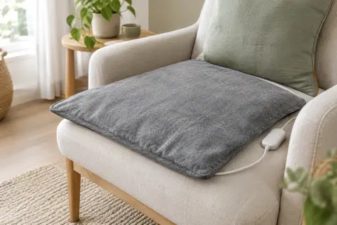 Coussin chauffant rectangulaire gris en flanelle posé sur un fauteuil dans un intérieur lumineux.