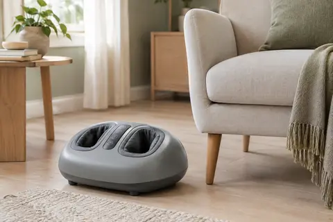 Masseur de pieds électrique gris Miko posé près d’un fauteuil dans un intérieur lumineux aux tons sauge et bois clair