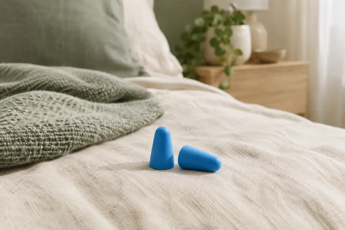 Paire de bouchons d’oreilles coniques en mousse bleue posée sur un linge ivoire dans une chambre lumineuse.