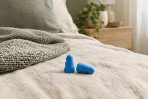 Paire de bouchons d’oreilles coniques en mousse bleue posée sur un linge ivoire dans une chambre lumineuse.