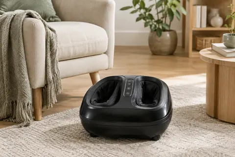 Masseur de pieds Mountrax noir posé près d’un fauteuil dans un intérieur lumineux et apaisant