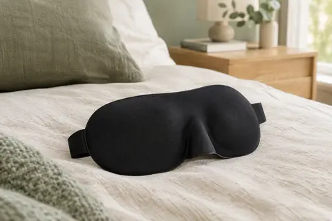 Masque de sommeil noir à contour 3D posé sur du linge ivoire dans une chambre lumineuse.