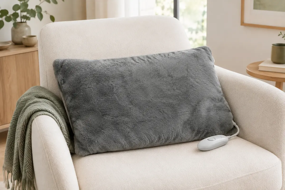 Coussin chauffant gris en peluche posé sur un fauteuil clair dans un intérieur lumineux