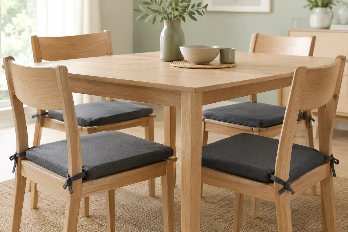 Quatre galettes de chaise carrées anthracite avec liens, posées sur des chaises en bois clair.