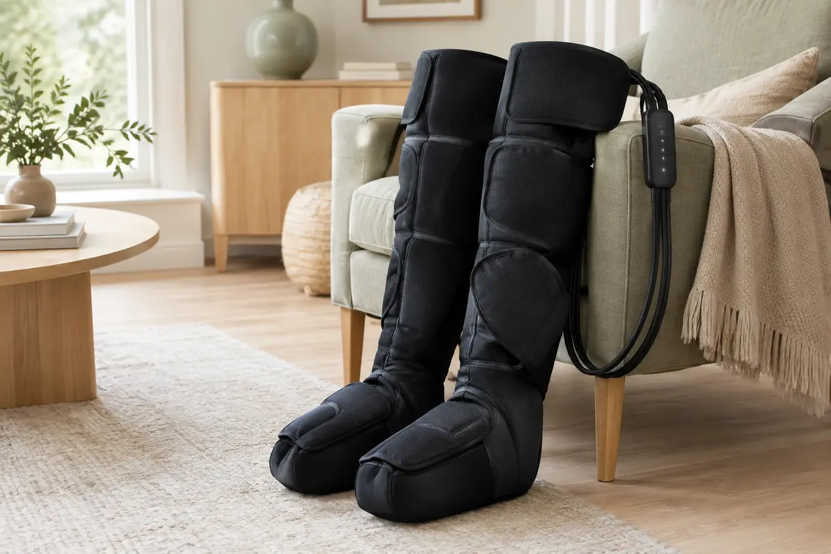 Bottes de massage noires à compression d’air et chaleur, posées dans un intérieur clair et serein.
