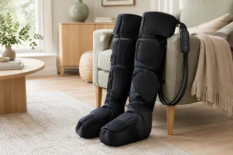Bottes de massage noires à compression d’air et chaleur, posées dans un intérieur clair et serein.