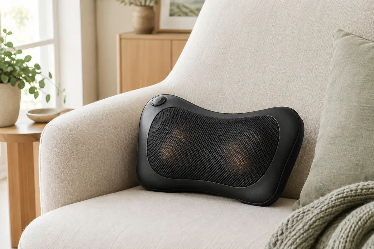 Coussin de massage shiatsu noir en similicuir et maille, posé sur un fauteuil clair.