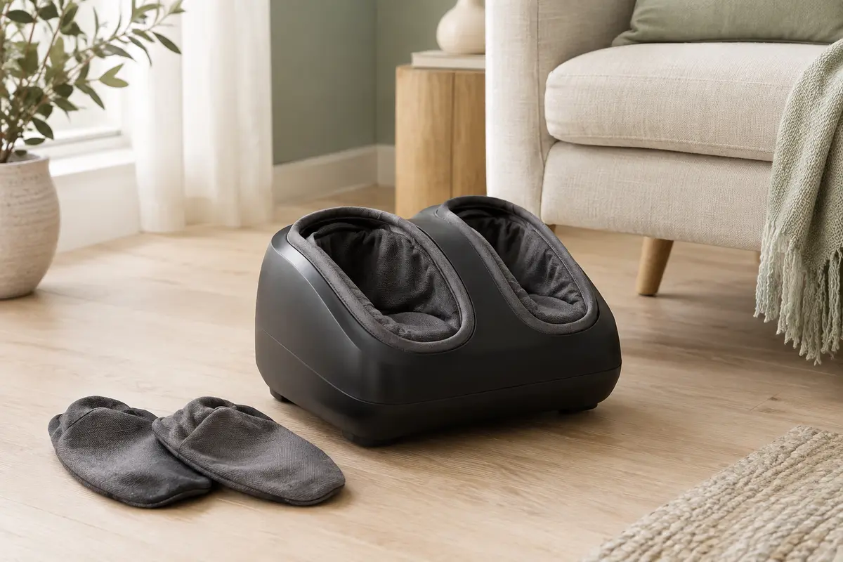 Masseur de pieds Nekteck noir avec ouvertures pour les pieds et housses amovibles, dans un intérieur lumineux