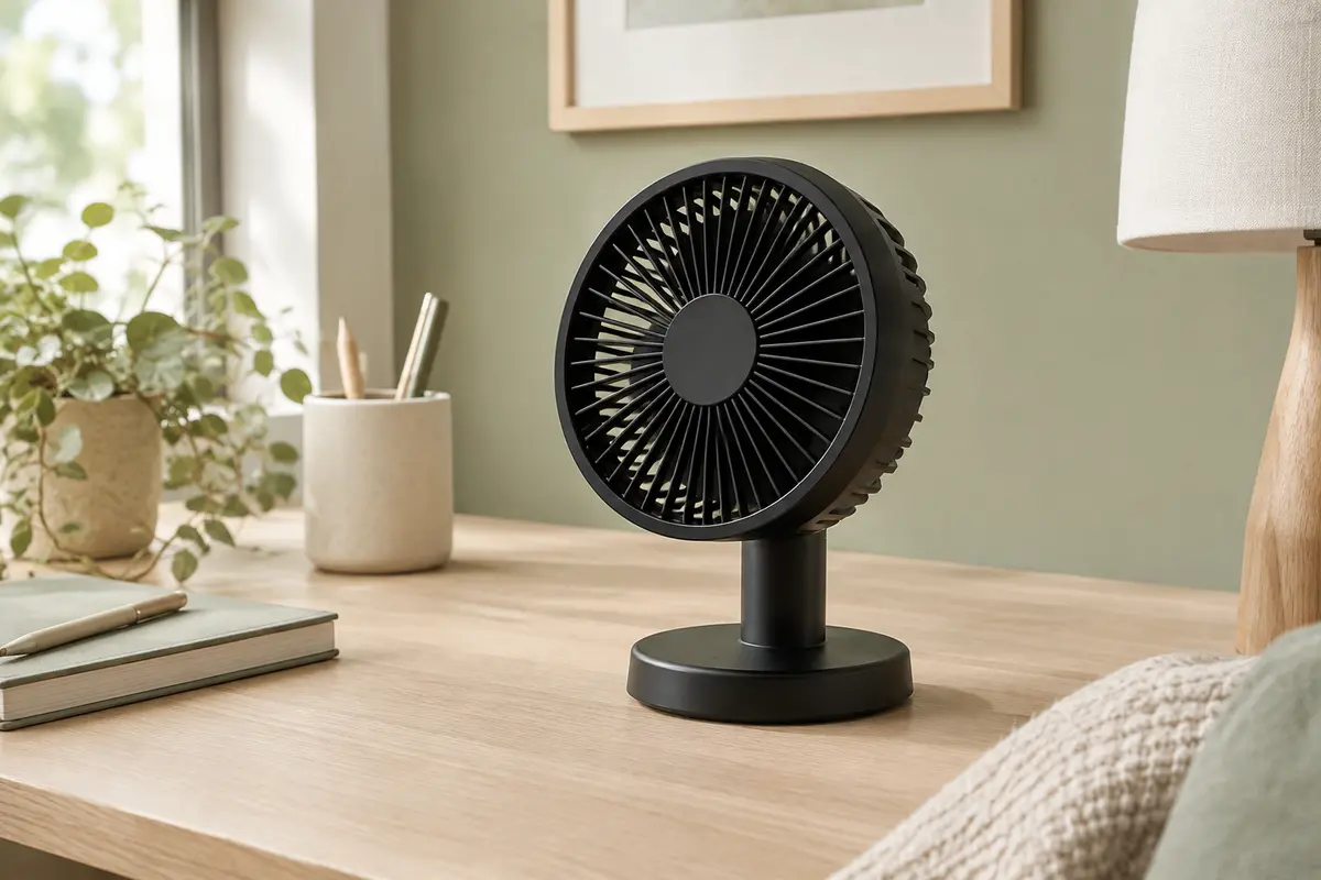 Ventilateur de table OCOOPA noir posé sur un bureau clair dans un intérieur lumineux aux tons sauge