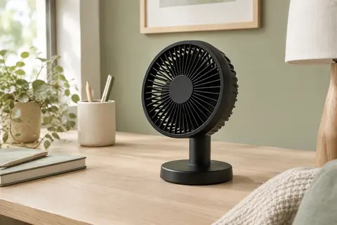 Ventilateur de table OCOOPA noir posé sur un bureau clair dans un intérieur lumineux aux tons sauge