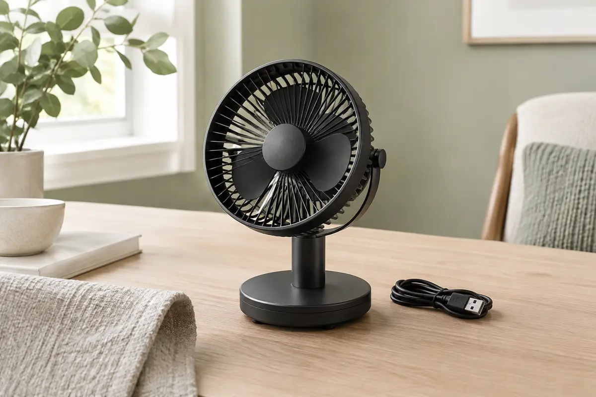 Ventilateur de table noir compact à trois pales posé sur un bureau en bois clair