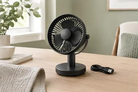 Ventilateur de table noir compact à trois pales posé sur un bureau en bois clair