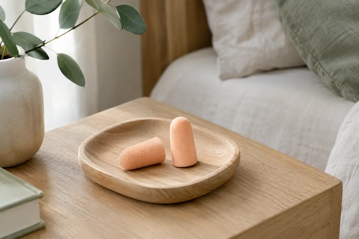 Paire de bouchons d’oreilles en mousse pêche posée sur du bois clair dans une chambre sereine.