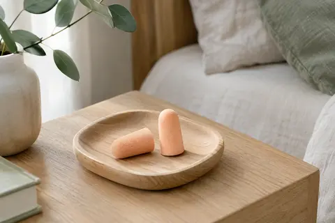 Paire de bouchons d’oreilles en mousse pêche posée sur du bois clair dans une chambre sereine.