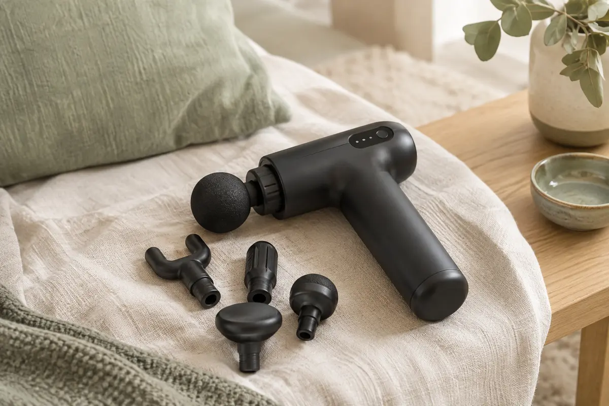 Pistolet de massage noir Opove avec écran LED et plusieurs têtes posé dans un intérieur lumineux.