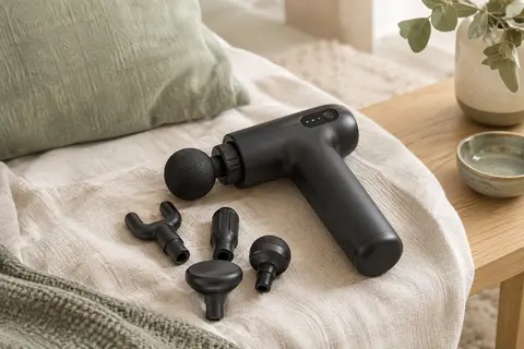 Pistolet de massage noir avec écran LED et plusieurs têtes, posé près d’un linge sur du bois clair.