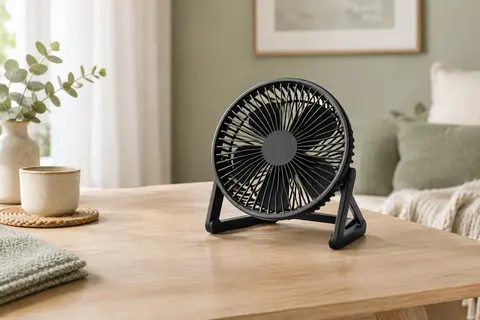 Ventilateur de table noir compact posé sur un bureau en bois clair dans un intérieur lumineux.