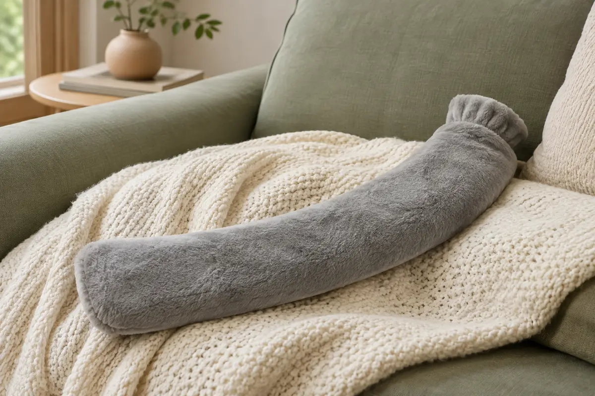 Bouillotte extra longue Pasper à housse grise en peluche, posée sur un plaid en maille ivoire.