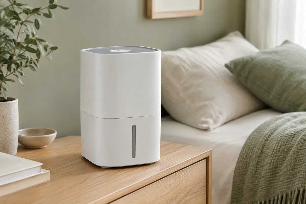 Humidificateur d’air blanc rectangulaire posé sur une console en bois clair dans une chambre lumineuse.