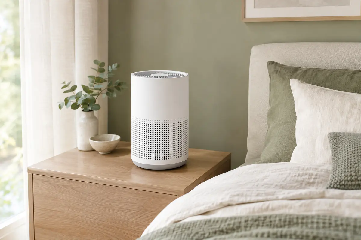Purificateur d’air blanc compact posé sur un meuble en bois clair dans un intérieur lumineux aux tons sauge et ivoire