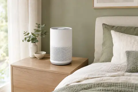 Purificateur d’air blanc compact posé sur un meuble en bois clair dans un intérieur lumineux aux tons sauge et ivoire