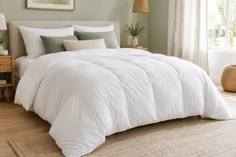Couette blanche Pikolin en fibre, étendue sur un lit dans une chambre lumineuse aux tons doux.